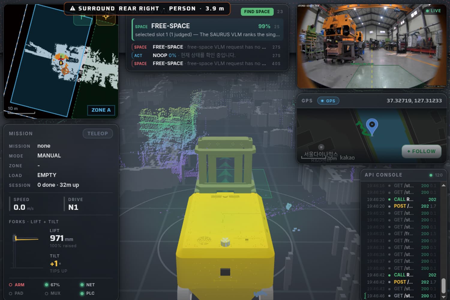 Mission state, forks, surround alerts, VLM free-space, GPS, API console