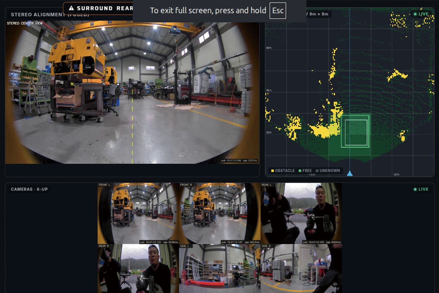 Fused stereo alignment, live obstacle grid, six-camera wall
